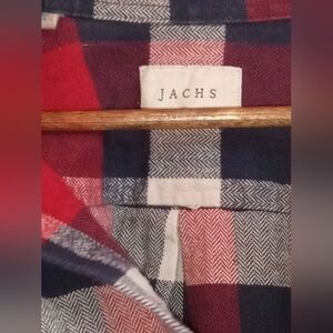 Jachs Mens XL 100% Cotton Plaid Button-Up Shirt Red White Navy Flannel Cabincore